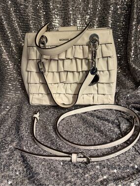 Michael Kors White Ruffle Leather Crossbody Satchel Handbag